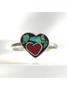 Heart Turquoise & Coral Chip Inlay Sterling Silver 925 Vintage Ring - sz 2.5